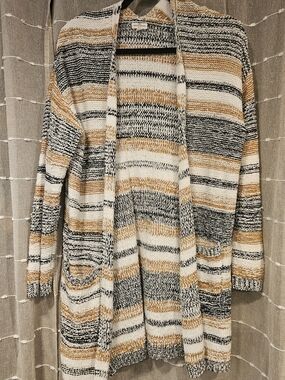 Open-Front Striped Cardigan Sweater in White, Black & Tan